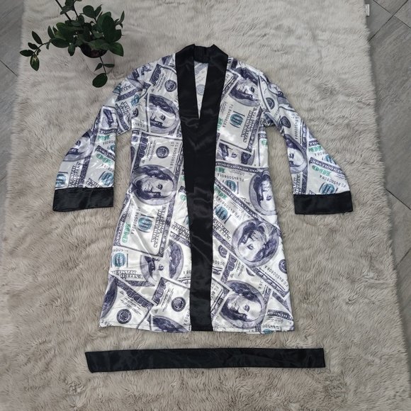 RJ11 Silver-Gray Silk/Satin Dollar Printed Robe - Picture 2 of 2